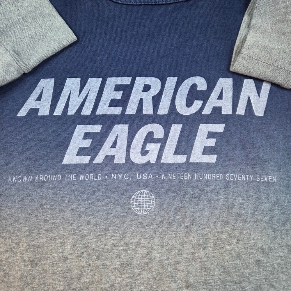 American Eagle Tee Mens S Ombre Dip Dye Graphic Long Sleeve Navy Grey All Cotton - Picture 5 of 6